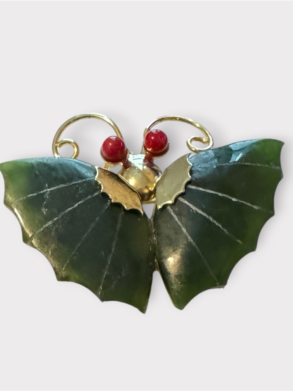 Vintage Jade Butterfly Brooch Gold Tone Green Stone Red Cabochon Pin